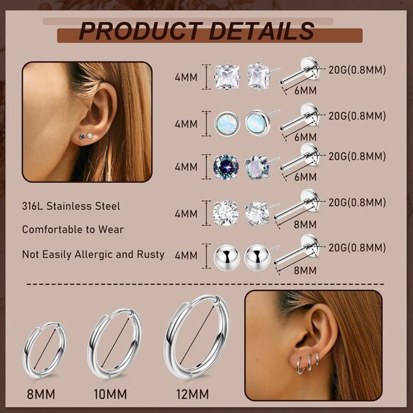 8 Pairs Stainless Steel CZ Opal Flat Back Hoop and Stud Earrings Set for Sensiti - Picture 2 of 6